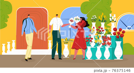 Man buy bouquet at flower shop, vector illustration. Woman florist character hold flat plant for customer, romantic gift business. 76375146