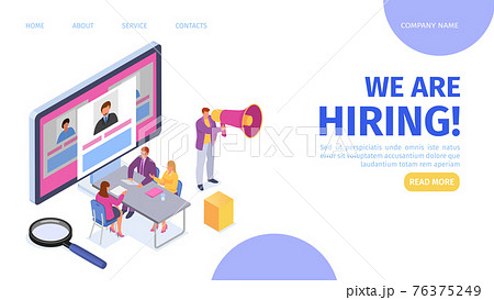 Company hiring employee, isometric landing banner, vector illustration. Business people man woman character look at candidate resume Company hiring employee, isometric landing banner, vector illustration. Business people man woman character look at candidate resume 76375249