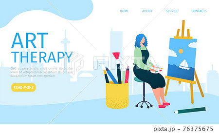 Personal art therapy, landing banner, vector illustration. Cartoon girl in art workshop paints watercolors on canvas. Creative leisure 76375675