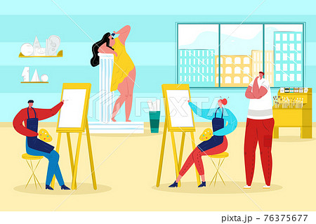 Art studio, artists paint on canvas, vector illustration. Creative workshop equipped with malbert, paintings, paints, designer interior. 76375677