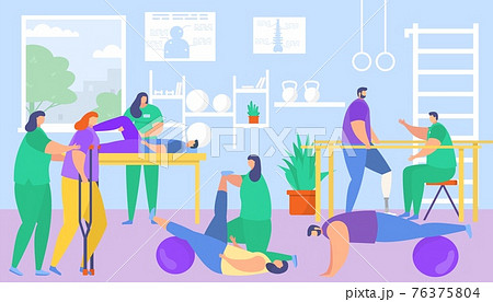 Physiotherapy, medical rehabilitation for patient, vector illustration. Healthcare recovery by physical exercise, therapy in special clinic. 76375804