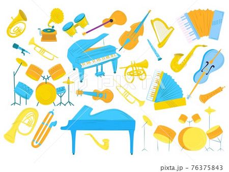 Music sound by drums, guitar, trumpet vector illustration. Musical instrument set, cartoon violin, saxophone, piano collection. Acoustic orchestra Music sound by drums, guitar, trumpet vector illustration. Musical instrument set, cartoon violin, saxophone, piano collection. Acoustic orchestra 76375843