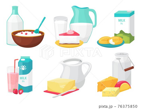 Dairy product, milk in bottle, cheese food set, vector illustration. Yogurt glass, farm butter for healthy breakfast, isolated on white meal. Dairy product, milk in bottle, cheese food set, vector illustration. Yogurt glass, farm butter for healthy breakfast, isolated on white meal. 76375850
