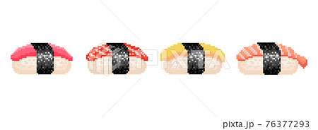 Pixel sushi set. Pixel art classic japanese food sushi set. Pixel art set of tuna, salmon, shrimp and egg (tamago) sushi. Best for web and print design. Pixel sushi set. Pixel art classic japanese food sushi set. Pixel art set of tuna, salmon, shrimp and egg (tamago) sushi. Best for web and print design. 76377293