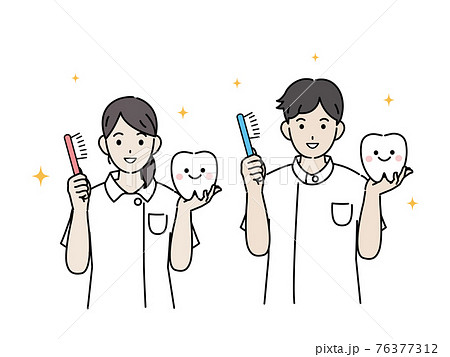 歯医者　歯科衛生士　歯磨きの説明　白衣を着た男女　イラスト素材 76377312