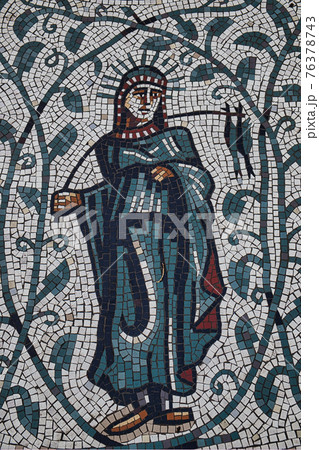 Roman style mosaic in the Roman Gardens in Chester, England. 76378743