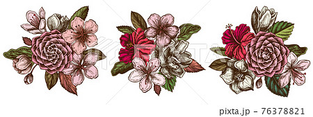 Flower bouquet of colored hibiscus, plum flowers, peach flowers, sakura flowers, magnolia flowers Flower bouquet of colored hibiscus, plum flowers, peach flowers, sakura flowers, magnolia flowers 76378821