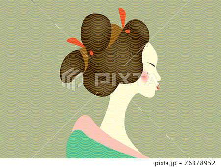 Vintage portrait of the young Japanese woman an ancient hairstyle. Geisha, maiko, princess. Traditional Asian Girl style. Print, poster, t-shirt, card. Vector old Japanese pattern green background 76378952
