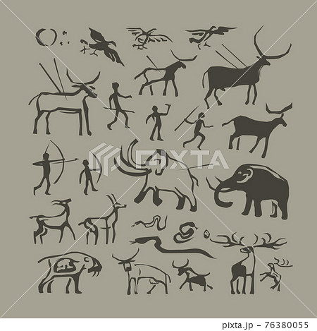 Cave man and animals rock painting 76380055