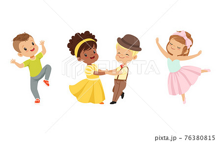 Little Boy and Girl Dancing in Pairs and Moving to Music Vector Illustration Set Little Boy and Girl Dancing in Pairs and Moving to Music Vector Illustration Set 76380815