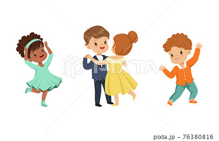 Little Boy and Girl Dancing in Pairs and Moving to Music Vector Illustration Set 76380816