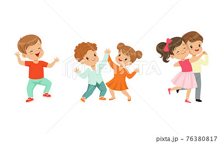 Little Boy and Girl Dancing in Pairs and Moving to Music Vector Illustration Set 76380817