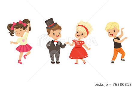 Little Boy and Girl Dancing in Pairs and Moving to Music Vector Illustration Set 76380818