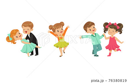 Little Boy and Girl Dancing in Pairs and Moving to Music Vector Illustration Set Little Boy and Girl Dancing in Pairs and Moving to Music Vector Illustration Set 76380819