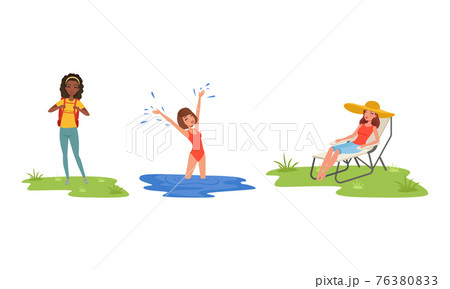 Young Woman Splashing in the Water and Hiking with Backpack Enjoying Camping Activity Vector Set 76380833