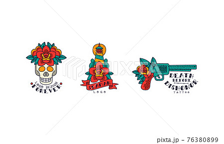 Old School Tattoos Set, Forever, Seaman, Death before Dishonor, Vintage Style Tattoo Vector Illustration 76380899