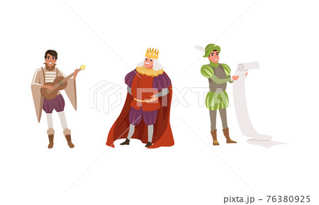 Medieval Characters Dressed Ancient Clothes Set, Royal Scribe, Musician, Majestic King Vector Illustration Medieval Characters Dressed Ancient Clothes Set, Royal Scribe, Musician, Majestic King Vector Illustration 76380925