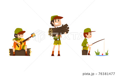 Scouting Boys Set, Boy Scouts Wearing Khaki - Stock Illustration