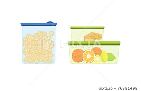 Plastic Containers with Food Set, Lunch Boxes with Healthy Food Vector Illustration 76381498