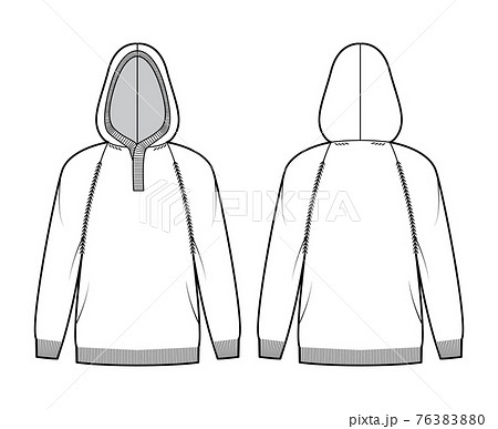 Hooded Sweater technical fashion illustration with rib henley neck, long raglan sleeves, oversized, hip length, rib trim Hooded Sweater technical fashion illustration with rib henley neck, long raglan sleeves, oversized, hip length, rib trim 76383880