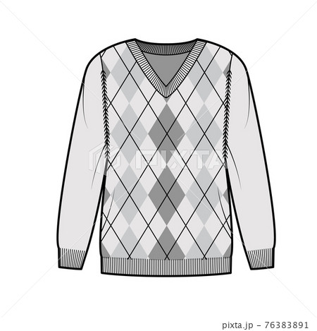 Argyle Sweater technical fashion illustration with rib V- neck, long sleeves, oversize, fingertip length, knit cuff trim 76383891