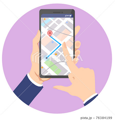 スマートフォン地図アプリ画面(スワイプする男性の手) 76384199