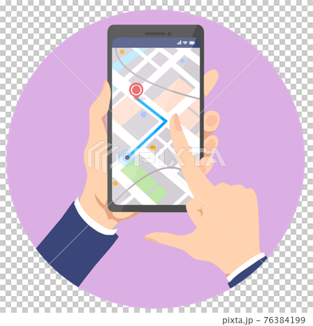 スマートフォン地図アプリ画面(スワイプする男性の手) 76384199