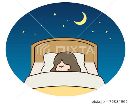 夜ベッドで眠る女性 横向き寝のイラスト素材