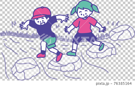 川の飛び石を飛び跳ねながら渡って遊ぶ2人の子供のイラストのイラスト素材