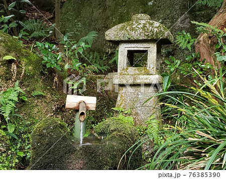 日本の伝統、わびさびを表現するししおどしです。春の季節に、苔と一緒に撮影した日本の風景です。 日本の伝統、わびさびを表現するししおどしです。春の季節に、苔と一緒に撮影した日本の風景です。 76385390