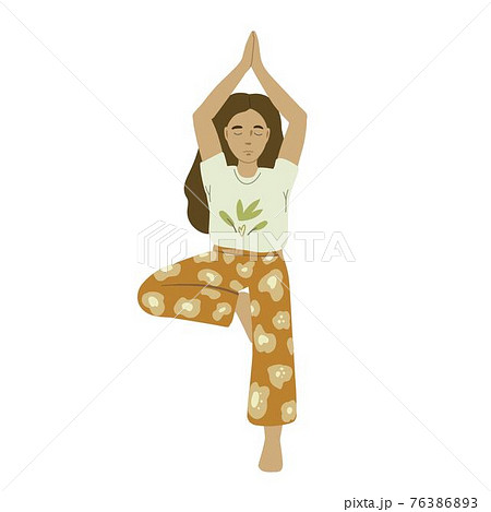 Young beautiful woman in floral pants in yoga asana. Mental health and self care feminine illustration. Young beautiful woman in floral pants in yoga asana. Mental health and self care feminine illustration. 76386893