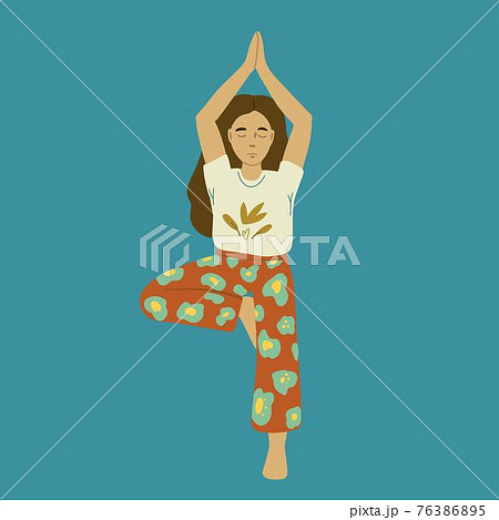 Young beautiful woman in floral pants in yoga asana. Mental health and self care feminine illustration.  76386895