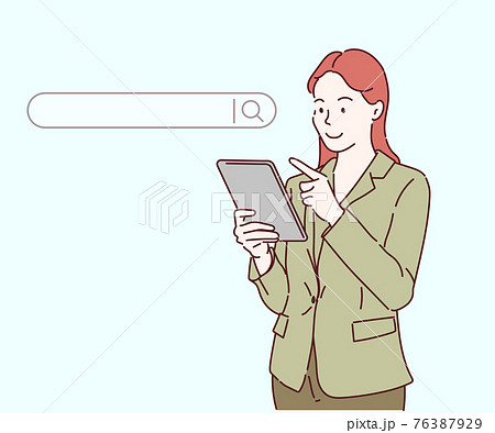 Business woman clicking internet search page on tablet touch screen. Searching internet data concept. Hand drawn in thin line style, vector illustrations. 76387929