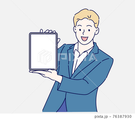 Happy businessman showing blank tablet computer screen. Hand drawn in thin line style, vector illustrations. 76387930