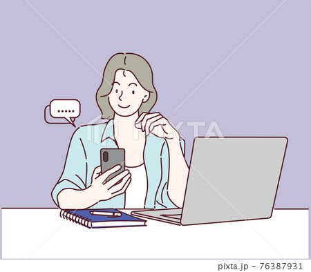 Woman is working on her laptop and chat on mobile. Work from home concept. Hand drawn in thin line style, vector illustrations. 76387931