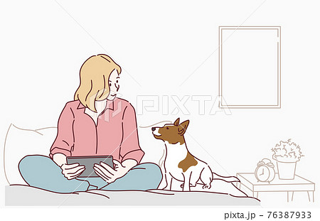 Beautiful woman sit on bed with her dog and she holding tablet computer. Hand drawn in thin line style, vector illustrations. 76387933