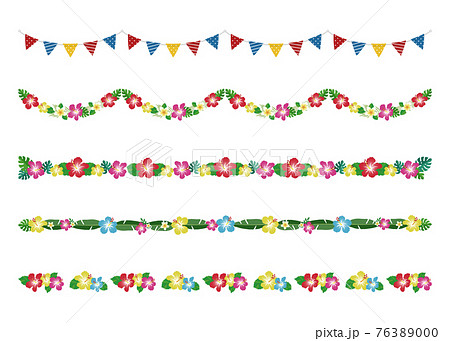 南国の花 ハイビスカスの装飾 ガーランド ライン 区切り線 5種類セットのイラスト素材