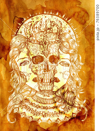 Textured styled illustration with halves of woman face and scary skull between them. Mystic background for Halloween, esoteric, gothic, heavy metal or occult concept 76389700