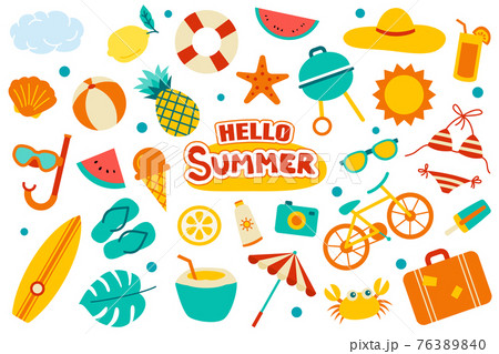 Hello summer collection set flat design on white background. Summer symbols and objects colorful. Hello summer collection set flat design on white background. Summer symbols and objects colorful. 76389840