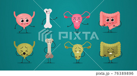 set healthy vs unhealthy funny mascot bone urinary bladder uterus intestine characters human body internal organs anatomy concept horizontal 76389896