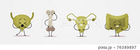 unhealthy funny anatomical mascot bone urinary bladder uterus intestine characters sick damaged green human body internal organs anatomy concept horizontal 76389897