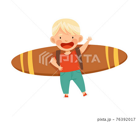Playful Blond Boy with Improvised Fake Wings Flying and Waving Hand Vector Illustration Playful Blond Boy with Improvised Fake Wings Flying and Waving Hand Vector Illustration 76392017