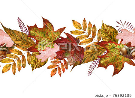 Yellow autumn leaf seamless border. Watercolor illustration. Red, orange fallen leaves endless ornament. Bright fall foliage elements seamless border. On white background 76392189