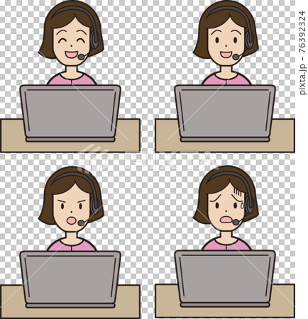 パソコン入力をしながら電話応対をするピンクの服の代から30代女性 コールセンター 表情パターンのイラスト素材