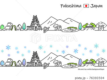 冬の福島の街並みのシンプル線画セット 76393504