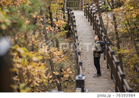 Asian handsome man trekking, climbing autumn mountain 76393984