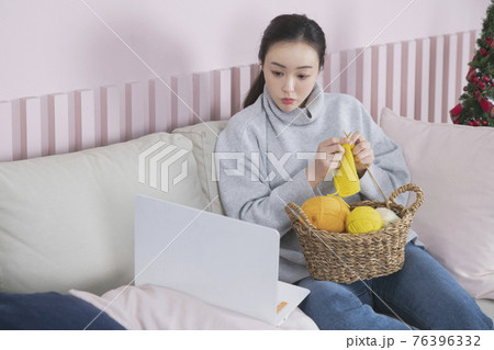 single solo woman living alone concept knitting 76396332