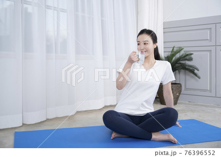 woman on diet, home training and work out concept 76396552