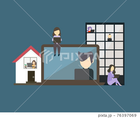 hybrid workplace with employees working from both office and home vector 76397069