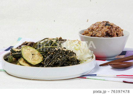 Boreum Namul and Ogok Bap of Korea, variety of edible grass and five grain bean rice 76397478